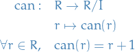 \begin{equation*}
\begin{split}
  \text{can}: \quad &amp; R \to R / I \\
  &amp; r \mapsto \text{can}(r) \\
  \forall r \in R, \quad &amp; \text{can}(r) = r + 1
\end{split}   
\end{equation*}
