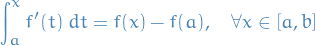 \begin{equation*}
\int_a^x f'(t) \ dt = f(x) - f(a), \quad \forall x \in [a,b]
\end{equation*}
