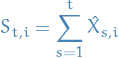 \begin{equation*}
S_{t, i} = \sum_{s = 1}^{t} \hat{X}_{s, i}
\end{equation*}
