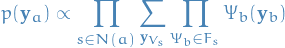 \begin{equation*}
p(\mathbf{y}_a) \propto \prod_{s \in N(a)} \sum_{\mathbf{y}_{V_s}} \prod_{\Psi_b \in F_s} \Psi_b (\mathbf{y}_b)
\end{equation*}
