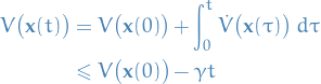 \begin{equation*}
\begin{split}
  V \big( \mathbf{x}(t) \big) &amp;=  V \big( \mathbf{x}(0) \big) + \int_{0}^{t} \dot{V} \big( \mathbf{x}(\tau) \big) \ d \tau \\
  &amp;\le V \big( \mathbf{x}(0) \big) - \gamma t
\end{split}
\end{equation*}
