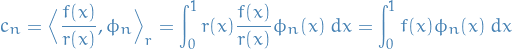 \begin{equation*}
c_n = \Big \langle \frac{f(x)}{r(x)}, \phi_n \Big \rangle_r = \int_0^1 r(x) \frac{f(x)}{r(x)} \phi_n(x) \ dx = \int_0^1 f(x) \phi_n(x) \ dx
\end{equation*}
