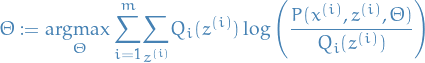 \begin{equation*}
      \Theta := \underset{\Theta}{\text{argmax }} \overset{m}{\underset{i=1}{\sum}} \underset{z^{(i)}}{\sum} Q_i (z^{ (i) }) \log \Bigg( \frac{P(x^{ (i) }, z^{ (i) }, \Theta)}{Q_i (z^{ (i) })} \Bigg)
\end{equation*}
