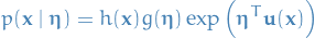 \begin{equation*}
p(\mathbf{x} \mid \boldsymbol{\eta}) = h(\mathbf{x}) g(\boldsymbol{\eta}) \exp \Big( \boldsymbol{\eta}^T \mathbf{u}(\mathbf{x}) \Big)
\end{equation*}
