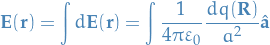 \begin{equation*}
  \mathbf{E}(\mathbf{r}) = \int d \mathbf{E}(\mathbf{r}) = \int \frac{1}{4 \pi \varepsilon_0} \frac{dq (\mathbf{R})}{a^2} \hat{\mathbf{a}}
\end{equation*}
