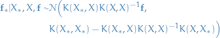     \begin{equation*}
    \begin{split}
    \mathbf{f_*} | X_*, X, \mathbf{f} \sim &amp;
    \mathcal{N} \Big( K(X_*, X)K(X, X)^{-1} \mathbf{f}, \\
    &amp; K(X_*, X_*) - K(X_*, X)K(X,X)^{-1}K(X, X_*) \Big)
    \end{split}
\end{equation*}
