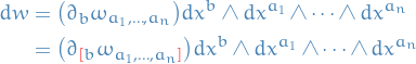 \begin{equation*}
\begin{split}
  dw &amp;= \big( \partial_b \omega_{a_1, \dots, a_n} \big) dx^b \wedge dx^{a_1} \wedge \dots \wedge dx^{a_n} \\
  &amp;= \big( \partial_{\textcolor{red}{[} b} \omega_{a_1, \dots, a_n \textcolor{red}{]}}  \big) dx^b \wedge dx^{a_1} \wedge \dots \wedge dx^{a_n}
\end{split}
\end{equation*}
