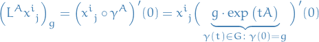 \begin{equation*}
\Big( L^A \tensor{x}{^i_j} \Big)_g =  \Big( \tensor{x}{^i_j} \circ \gamma^A \Big)'(0) =  \tensor{x}{^i_j} \Big( \underbrace{g \cdot \exp \big( t A \big)}_{\gamma(t) \in G: \ \gamma(0) = g} \Big)'(0)
\end{equation*}

