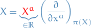 \begin{equation*}
  X = \underbrace{\textcolor{red}{X^a}}_{\in \mathbb{R}} \bigg( \frac{\partial}{\partial x^a} \bigg)_{\pi(X)}
\end{equation*}

