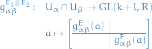 \begin{equation*}
\begin{split}
  g_{\alpha \beta}^{E_1 \otimes E_2}: \quad &amp; U_{\alpha} \cap U_{\beta} \to \GL(k + l, \mathbb{R}) \\
  &amp; a \mapsto \left[
\begin{array}{@{}c|c@{}}
   g_{\alpha \beta}^E(a) &amp;  \\
    \hline  
    &amp; g_{\alpha \beta}^F(a)
\end{array}
\right]
\end{split}
\end{equation*}
