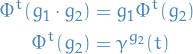 \begin{equation*}
\begin{split}
  \Phi^t(g_1 \cdot g_2) &amp;= g_1 \Phi^t(g_2) \\
  \Phi^t(g_2) &amp;= \gamma^{g_2}(t)
\end{split}
\end{equation*}

