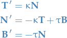 \begin{equation*}
\begin{align}
  \mathbf{T}' &amp;= \kappa \mathbf{N} \\
  \mathbf{N}' &amp;= - \kappa \mathbf{T} + \tau \mathbf{B} \\
  \mathbf{B}' &amp;= - \tau \mathbf{N}
\end{align}
\end{equation*}
