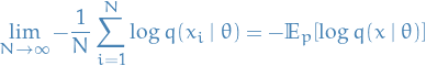 \begin{equation*}
\lim_{N \to \infty} - \frac{1}{N} \sum_{i=1}^{N} \log q(x_i \mid \theta) = - \mathbb{E}_p[\log q(x \mid \theta)]
\end{equation*}
