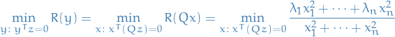 \begin{equation*}
\min_{y: \ y^T z = 0} R(y) = \min_{x: \ x^T (Qz) = 0} R(Qx) = \min_{x: \ x^T (Qz) = 0} \frac{\lambda_1 x_1^2 + \dots + \lambda_n x_n^2}{x_1^2 + \dots + x_n^2}
\end{equation*}
