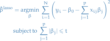 \begin{equation*}
\begin{split}
  \hat{\beta}^{\text{lasso}} &amp;= \underset{\beta}{\text{argmin}}\ \sum_{i=1}^{N} \Bigg( y_i - \beta_0 - \sum_{j=1}^{p} x_{ij} \beta_j \Bigg)^2 \\
  &amp; \text{subject to } \sum_{j=1}^{p} |\beta_j| \le t
\end{split}
\end{equation*}
