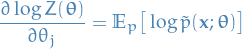 \begin{equation*}
\frac{\partial \log Z(\boldsymbol{\theta})}{\partial \theta_j} = \mathbb{E}_p \big[ \log \tilde{p}(\mathbf{x}; \boldsymbol{\theta}) \big]
\end{equation*}
