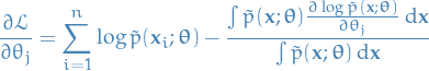 \begin{equation*}
\frac{\partial \mathcal{L}}{\partial \theta_j} = \sum_{i=1}^{n} \log \tilde{p}(\mathbf{x}_i; \boldsymbol{\theta}) - \frac{\int \tilde{p}(\mathbf{x}; \boldsymbol{\theta}) \frac{\partial \log \tilde{p}(\mathbf{x} ; \boldsymbol{\theta})}{\partial \theta_j} \dd{\mathbf{x}}}{\int \tilde{p}(\mathbf{x}; \boldsymbol{\theta}) \dd{\mathbf{x}}}
\end{equation*}
