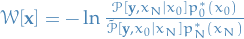 $\mathcal{W}[\mathbf{x}] = - \ln \frac{\mathcal{P}[\mathbf{y}, x_N \mid x_0] p_0^*(x_0)}{\tilde{\mathcal{P}}[\mathbf{y}, x_0 \mid x_N] p_N^*(x_N)}$