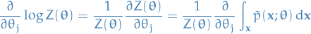 \begin{equation*}
\frac{\partial }{\partial \theta_j} \log Z(\boldsymbol{\theta}) = \frac{1}{Z(\boldsymbol{\theta})} \frac{\partial Z(\boldsymbol{\theta})}{\partial \theta_j} = \frac{1}{Z(\boldsymbol{\theta})} \frac{\partial }{\partial \theta_j} \int_{\mathbf{x}} \tilde{p}(\mathbf{x}; \boldsymbol{\theta}) \dd{\mathbf{x}}
\end{equation*}
