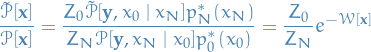 \begin{equation*}
\frac{\tilde{\mathcal{P}}[\mathbf{x}]}{\mathcal{P}[\mathbf{x}]} = \frac{Z_0 \tilde{\mathcal{P}}[\mathbf{y}, x_0 \mid x_N] p_N^*(x_N)}{Z_N \mathcal{P}[\mathbf{y}, x_N \mid x_0] p_0^*(x_0)} = \frac{Z_0}{Z_N} e^{-\mathcal{W}[\mathbf{x}]}
\end{equation*}
