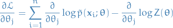 \begin{equation*}
\frac{\partial \mathcal{L}}{\partial \theta_j} = \sum_{i=1}^{n} \frac{\partial }{\partial \theta_j} \log \tilde{p}(\mathbf{x}_i; \boldsymbol{\theta}) - \frac{\partial }{\partial \theta_j} \log Z(\boldsymbol{\theta})
\end{equation*}
