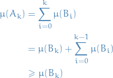 \begin{equation*}
\begin{split}
  \mu(A_k) &amp;= \sum_{i = 0}^k \mu(B_i) \\
  &amp;= \mu(B_k) + \sum_{i=0}^{k - 1} \mu(B_i) \\
  &amp;\ge \mu(B_k)
\end{split}
\end{equation*}
