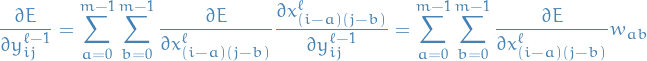 \begin{equation*}
\p{E}{y_{ij}^{\ell -1}} = \sum_{a=0}^{m-1} \sum_{b=0}^{m-1} \p{E}{x_{(i-a)(j-b)}^\ell}\p{x_{(i-a)(j-b)}^\ell}{y_{ij}^{\ell-1}}
= \sum_{a=0}^{m-1} \sum_{b=0}^{m-1} \p{E}{x_{(i-a)(j-b)}^\ell} w_{ab}
\end{equation*}
