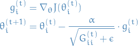\begin{equation*}
\begin{split}
g_i^{(t)} &amp;= \nabla_\theta J(\theta_i^{(t)}) \\
\theta_i^{(t+1)} &amp;= \theta_i^{(t)} - \frac{\alpha}{\sqrt{G_{ii}^{(t)} + \epsilon}} \cdot g_i^{(t)}
\end{split}
\end{equation*}    
