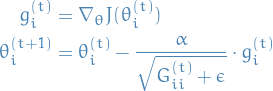 \begin{equation*}
\begin{split}
g_i^{(t)} &amp;= \nabla_\theta J(\theta_i^{(t)}) \\
\theta_i^{(t+1)} &amp;= \theta_i^{(t)} - \frac{\alpha}{\sqrt{G_{ii}^{(t)} + \epsilon}} \cdot g_i^{(t)}
\end{split}
\end{equation*}    
