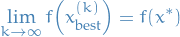 \begin{equation*}
\lim_{k \to \infty} f \Big( x_{\text{best}}^{(k)} \Big) = f(x^*)
\end{equation*}
