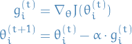 \begin{equation*}
\begin{split}
g_i^{(t)} &amp;= \nabla_\theta J(\theta_i^{(t)}) \\
\theta_i^{(t+1)} &amp;= \theta_i^{(t)} - \alpha \cdot g_i^{(t)}
\end{split}
\end{equation*}
