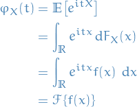 \begin{equation*}
\begin{split}
  \varphi_X(t) &amp;= \mathbb{E} \big[ e^{i t X} \big] \\
  &amp;= \int_{\mathbb{R}}^{} e^{i t x} \dd{F_X(x)} \\
  &amp;= \int_{\mathbb{R}}^{} e^{i t x} f(x) \ \dd{x} \\
  &amp;= \mathcal{F} \left\{ f(x) \right\}
\end{split}
\end{equation*}
