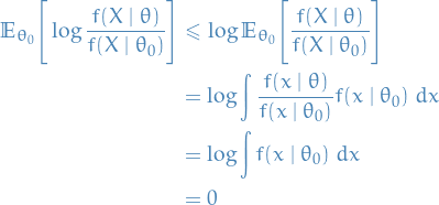 \begin{equation*}
\begin{split}
  \mathbb{E}_{\theta_0}\Bigg[ \log \frac{f(X \mid \theta)}{f(X \mid \theta_0)} \Bigg] &amp; \le \log \mathbb{E}_{\theta_0} \Bigg[ \frac{f(X \mid \theta)}{f(X \mid \theta_0)} \Bigg] \\
  &amp; = \log \int \frac{f(x \mid \theta)}{f(x \mid \theta_0)} f(x \mid \theta_0) \ dx \\
  &amp;= \log \int f(x \mid \theta_0) \ dx \\
  &amp;= 0
\end{split}
\end{equation*}
