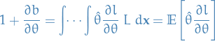 \begin{equation*}
1 + \frac{\partial b}{\partial \theta} = \int \dots \int \hat{\theta} \frac{\partial l}{\partial \theta} \ L \ d \mathbf{x} = \mathbb{E} \Bigg[ \hat{\theta} \frac{\partial l}{\partial \theta} \Bigg]
\end{equation*}
