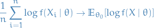 \begin{equation*}
\frac{1}{n} \sum_{i=1}^{n} \log f(X_i \mid \theta) \to \mathbb{E}_{\theta_0}[\log f(X \mid \theta)]
\end{equation*}
