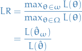 \begin{equation*}
\begin{split}
  LR &amp;= \frac{\max_{\boldsymbol{\theta} \in \omega} L(\boldsymbol{\theta})}{\max_{\boldsymbol{\theta} \in \Omega} L(\boldsymbol{\theta})} \\
   &amp;= \frac{L( \hat{\boldsymbol{\theta}}_\omega)}{L( \hat{\boldsymbol{\theta}})}
\end{split}
\end{equation*}
