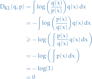 \begin{equation*}
\begin{split}
  \KL(q, p) &amp;= \int_{}^{} \log \bigg( \frac{q(x)}{p(x)} \bigg) q(x) \dd{x} \\
  &amp;= - \int \log \bigg( \frac{p(x)}{q(x)} \bigg) q(x) \dd{x} \\
  &amp;\ge - \log \bigg( \int \frac{p(x)}{q(x)} q(x) \dd{x} \bigg) \\
  &amp;= - \log \bigg( \int p(x) \dd{x} \bigg) \\
  &amp;= - \log(1) \\
  &amp;= 0
\end{split}
\end{equation*}
