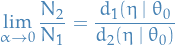 \begin{equation*}
\lim_{\alpha \to 0} \frac{N_2}{N_1} = \frac{d_1(\eta \mid \theta_0}{d_2( \eta \mid \theta_0)}
\end{equation*}
