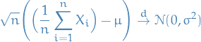 \begin{equation*}
\sqrt{n} \Bigg( \Big( \frac{1}{n} \sum_{i=1}^{n} X_i \Big) - \mu \Bigg) \overset{d}{\to} \mathcal{N}(0, \sigma^2)
\end{equation*}
