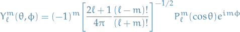 \begin{equation*}
Y_{\ell}^m (\theta, \phi) = (-1)^m \Bigg[ \frac{2 \ell + 1}{4 \pi} \frac{(\ell - m)!}{(\ell + m)!} \Bigg]^{-1/2} P_{\ell}^m ( \cos \theta ) e^{im \phi}
\end{equation*}
