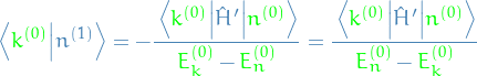 \begin{equation*}
\bra{\textcolor{green}{k^{(0)}}}\ket{n^{(1)}} = - \frac{\mel{\textcolor{green}{k^{(0)}}}{\hat{H}'}{\textcolor{green}{n^{(0)}}}}{\textcolor{green}{\textcolor{green}{E_k^{(0)}}} - \textcolor{green}{E_n^{(0)}}} = \frac{\mel{\textcolor{green}{k^{(0)}}}{\hat{H}'}{\textcolor{green}{n^{(0)}}}}{\textcolor{green}{E_n^{(0)}} - \textcolor{green}{E_k^{(0)}}}
\end{equation*}
