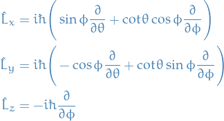 \begin{equation*}
\begin{split}
  \hat{L}_x &amp;= i \hbar \Bigg( \sin \phi \frac{\partial}{\partial \theta} + \cot \theta \cos \phi \frac{\partial}{\partial \phi} \Bigg) \\
  \hat{L}_y &amp;= i \hbar \Bigg( - \cos \phi \frac{\partial}{\partial \theta} + \cot \theta \sin \phi \frac{\partial}{\partial \phi} \Bigg) \\
  \hat{L}_z &amp;= - i \hbar \frac{\partial}{\partial \phi}
\end{split}
\end{equation*}
