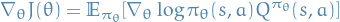 \begin{equation*}
\nabla_\theta J(\theta) = \mathbb{E}_{\pi_\theta} [\nabla_\theta \log \pi_\theta (s, a) Q^{\pi_\theta}(s, a)]
\end{equation*}
