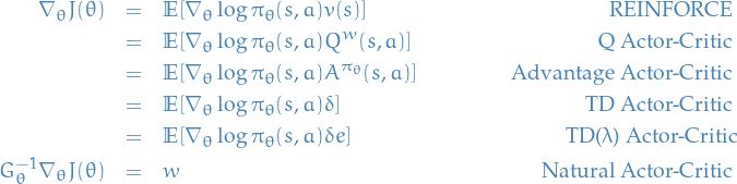 \begin{eqnarray*}
\nabla_\theta J(\theta) &amp;=&amp; \mathbb{E} [ \nabla_\theta \log \pi_\theta (s, a) v(s)] &amp; \text{REINFORCE} \\
&amp;=&amp; \mathbb{E} [ \nabla_\theta \log \pi_\theta (s, a) Q^w (s, a) ] &amp; \text{Q Actor-Critic} \\
&amp;=&amp; \mathbb{E} [ \nabla_\theta \log \pi_\theta (s, a) A^{\pi_\theta}(s, a) ] &amp; \text{Advantage Actor-Critic} \\
&amp;=&amp; \mathbb{E} [ \nabla_\theta \log \pi_\theta (s, a) \delta ] &amp; \text{TD Actor-Critic} \\
&amp;=&amp; \mathbb{E} [ \nabla_\theta \log \pi_\theta (s, a) \delta e ] &amp; \text{TD(}\lambda \text{) Actor-Critic} \\
G_\theta^{-1} \nabla_\theta J(\theta) &amp;=&amp; w &amp; \text{Natural Actor-Critic}
\end{eqnarray*}
