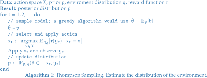 \begin{algorithm*}[H]
  \KwData{action space $\mathcal{X}$, prior $p$, enviroment distribution $q$, reward function $r$}
  \KwResult{posterior distribution $\hat{p}$}
  \For{$t = 1, 2, \dots$} {
    \tcp{sample model; a greedy algorithm would use $\hat{\theta} = \mathbb{E}_p[\theta]$}
    $\hat{\theta} \sim p$ \\
    \tcp{select and apply action}
    $x_t \leftarrow \underset{x \in \mathcal{X}}{\text{argmax}}\ \mathbb{E}_{q_{\hat{\theta}}} \big[ r(y_t) \mid x_t = x \big]$ \\
    Apply $x_t$ and observe $y_t$ \\
    \tcp{update distribution}
    $p \leftarrow \mathbb{P}_{p, q}(\theta \in \cdot \mid x_t, y_t)$
  }
  \caption{Thompson Sampling. Estimate the distribution of the environment. }
\end{algorithm*}
