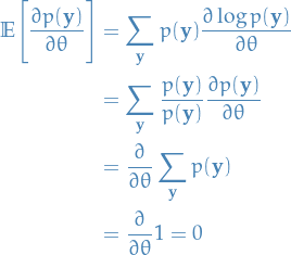 \begin{equation*}
\begin{split}
  \mathbb{E} \Bigg[ \frac{\partial p(\mathbf{y})}{\partial \theta} \Bigg] &amp;= \sum_{\mathbf{y}}^{} p(\mathbf{y}) \frac{\partial \log p(\mathbf{y})}{\partial \theta} \\
  &amp;= \sum_{\mathbf{y}}^{} \frac{p(\mathbf{y})}{p(\mathbf{y})} \frac{\partial p(\mathbf{y})}{\partial \theta} \\
  &amp;= \frac{\partial }{\partial \theta} \sum_{\mathbf{y}}^{} p(\mathbf{y}) \\
  &amp;= \frac{\partial }{\partial \theta} 1 = 0
\end{split}
\end{equation*}
