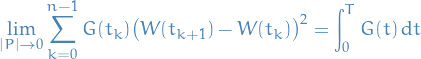 \begin{equation*}
\lim_{\left| P \right| \to 0} \sum_{k=0}^{n - 1} G(t_k) \big( W(t_{k + 1}) - W(t_k) \big)^2 = \int_0^T G(t) \dd{t}
\end{equation*}
