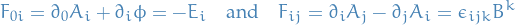 \begin{equation*}
F_{0 i }  = \partial_0 A_i + \partial_i \phi = - E_i \quad \text{and} \quad F_{ij} = \partial_i A_j - \partial_j A_i = \epsilon_{ijk} B^k
\end{equation*}
