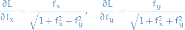 \begin{equation*}
\pdv{L}{f_x} = \frac{f_x}{\sqrt{1 + f_x^2 + f_y^2}}, \quad \pdv{L}{f_y} = \frac{f_y}{\sqrt{1 + f_x^2 + f_y^2}}
\end{equation*}
