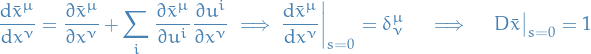 \begin{equation*}
\dv{\bar{x}^{\mu}}{x^{\nu}} = \pdv{\bar{x}^{\mu}}{x^{\nu}} + \sum_{i}^{} \pdv{\bar{x}^{\mu}}{u^i} \pdv{u^i}{x^{\nu}} \implies \dv{\bar{x}^{\mu}}{x^{\nu}} \bigg|_{s = 0} = \delta_{\nu}^{\mu} \quad \implies \quad D \bar{x} \big|_{s = 0} = 1
\end{equation*}
